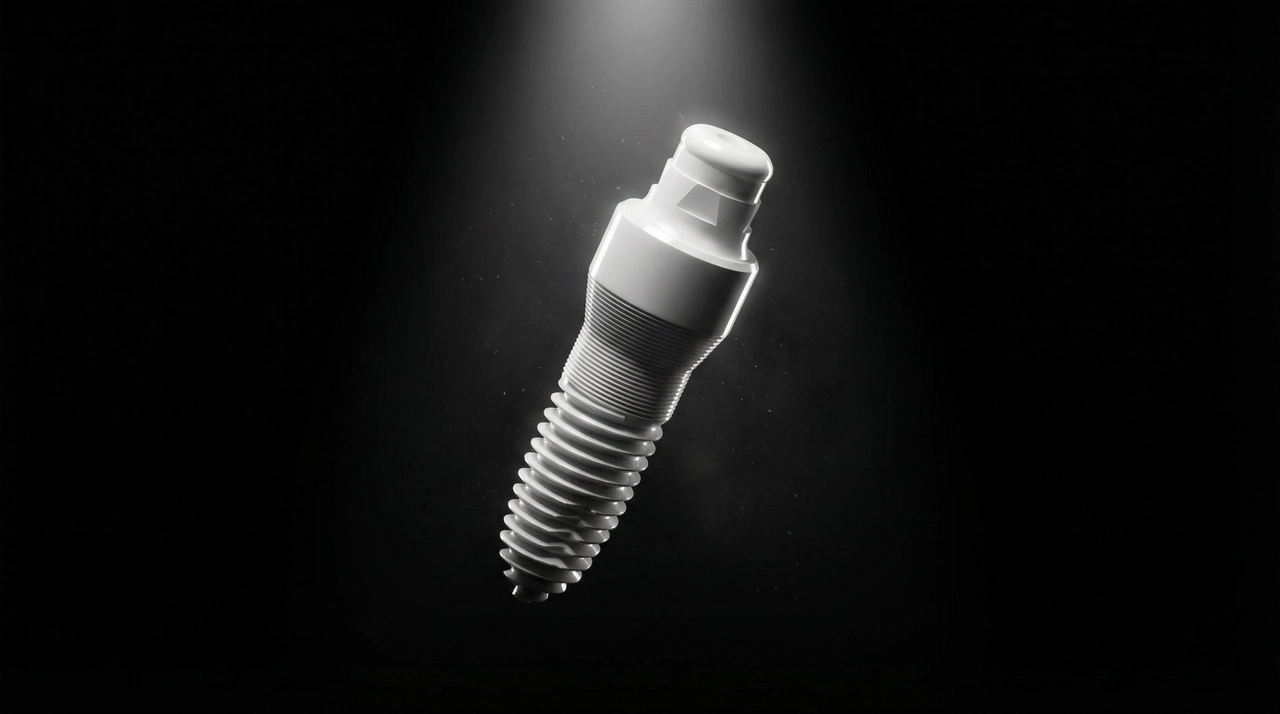 One-piece SDS zirconia implant shown against a dark studio background